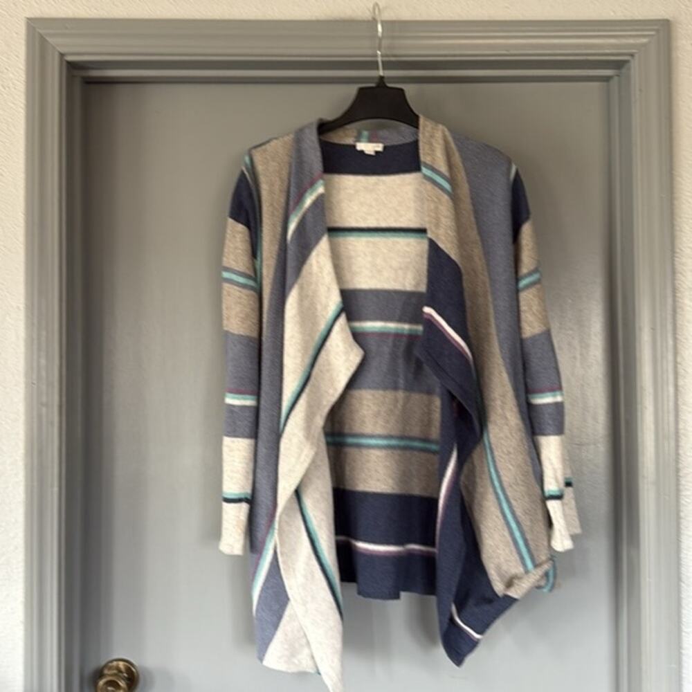 J. Jill Blue Gray Striped Open Cardigan Duster Women's Sweater sz L Long Sleeve